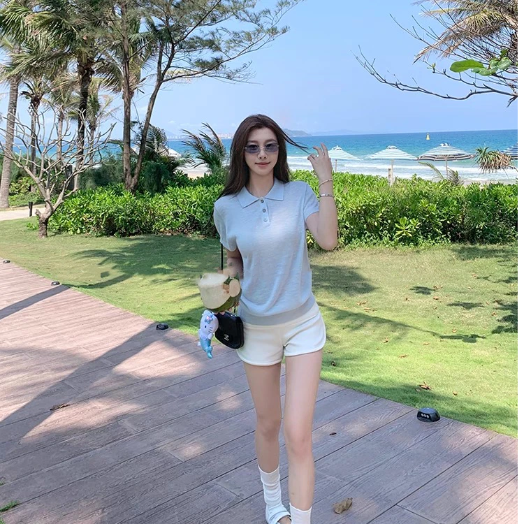 Cousin|夏日新款【亚麻】POLO领三粒扣宽松显瘦复古休闲针织衫008