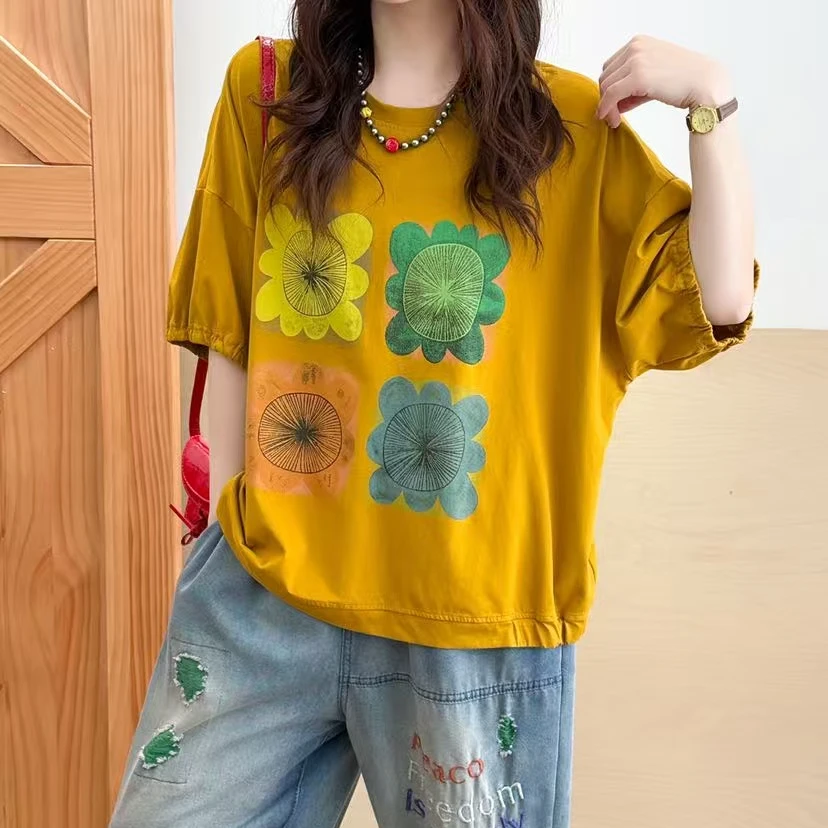 14415新款夏季休闲减龄宽松遮肉气质印花T恤