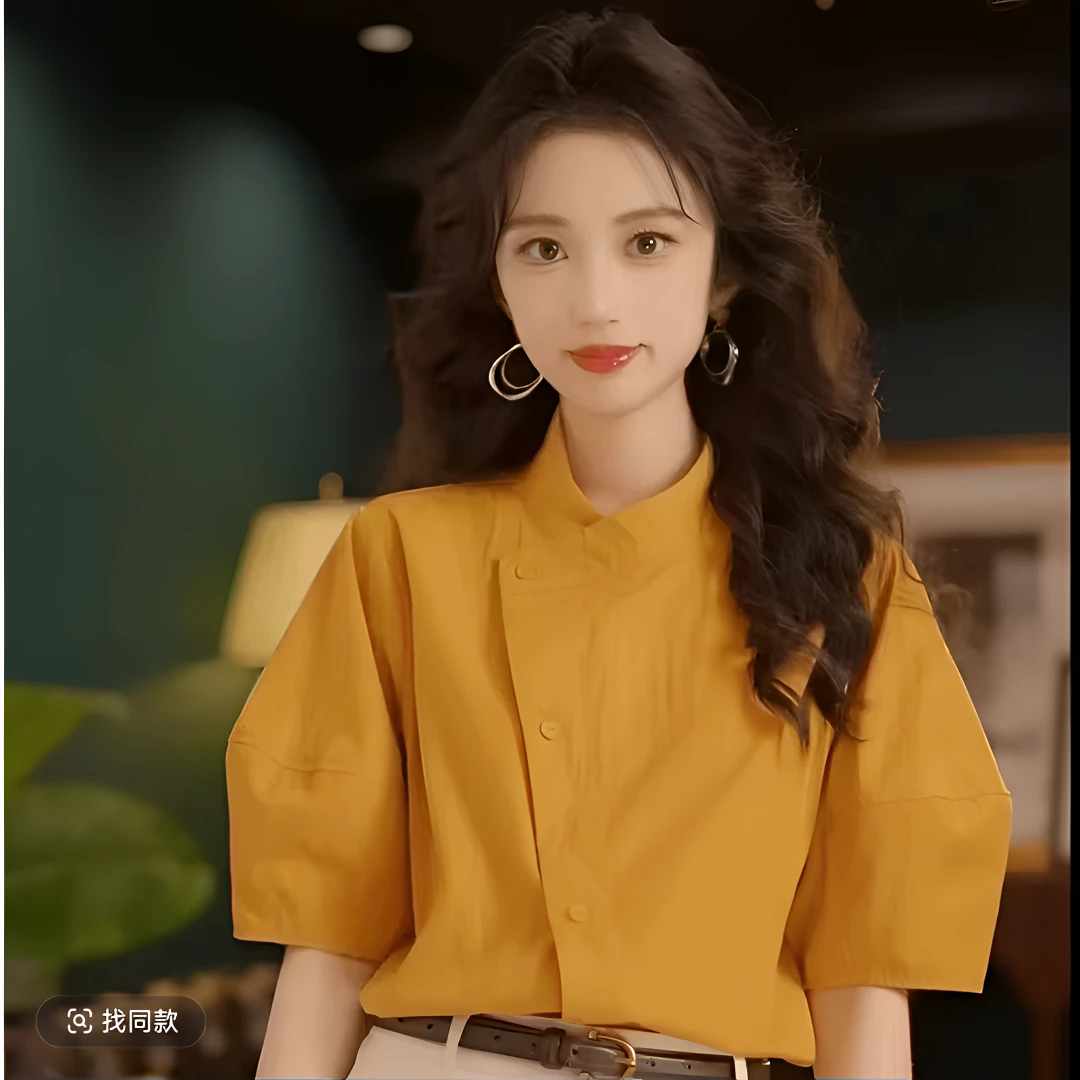 2025港风复古时尚气质短袖衬衫女显瘦夏设计感
