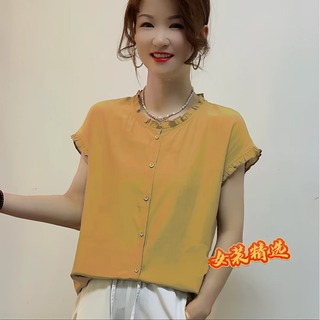 夏季新款木耳边休闲洋气纯色衬衫复古显瘦单排扣百搭无袖上衣T恤