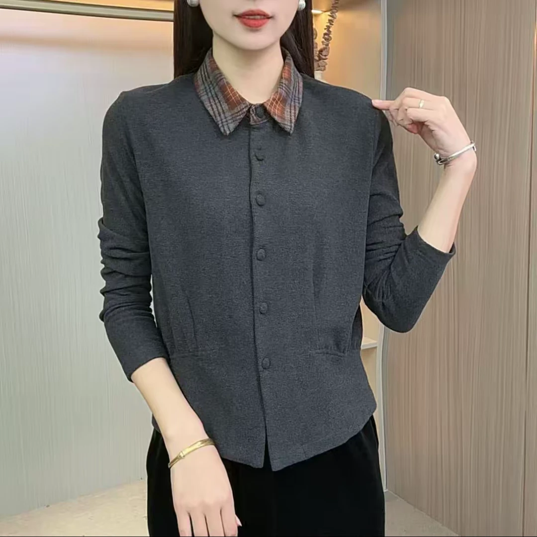 冬季新款双面绒长袖上衣气质百搭显瘦格子拼接休闲衬衫领套头T恤