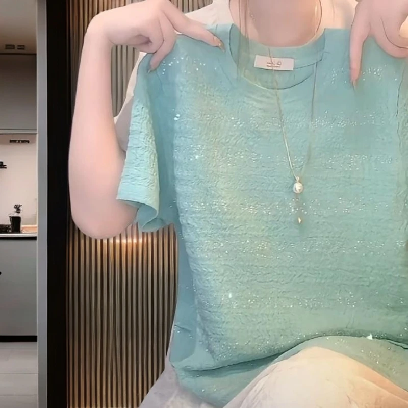 季新款胖mm宽松巨显瘦上衣大码女装高级感细闪圆领正肩短袖t恤