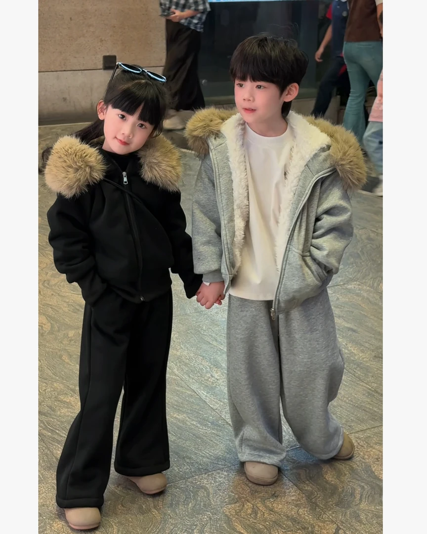 【兄妹款】2025大毛领加绒卫衣套装女童冬季巨好看连帽阔腿裤两件套