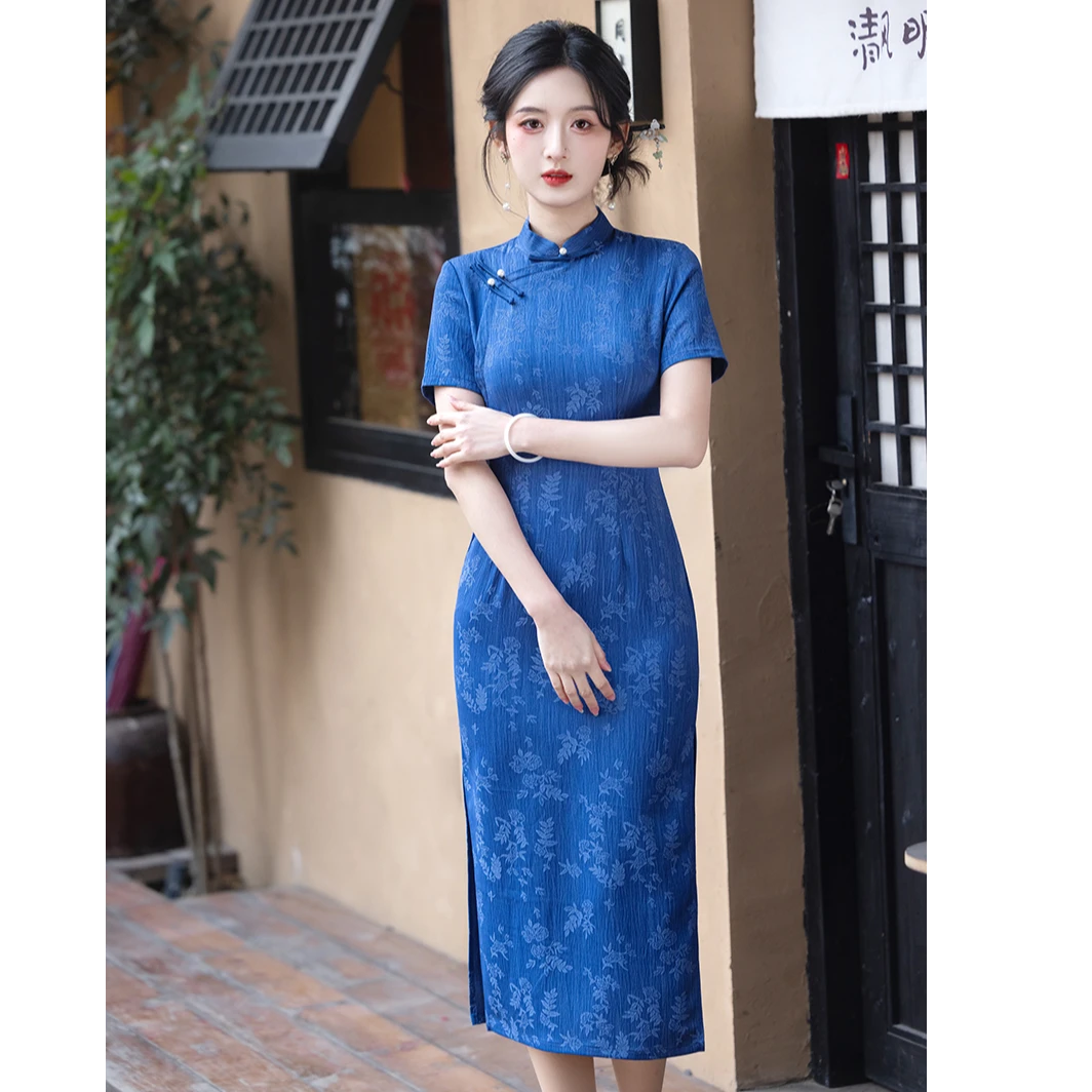 2025年新款旗袍印花修身气质少女风中长款中式提花时尚蓝色