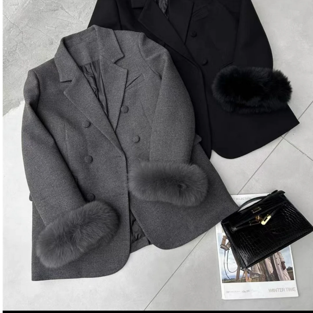 老厂家福利 （香香5920 ）   真狐狸毛   加厚 小香毛呢加厚外套女