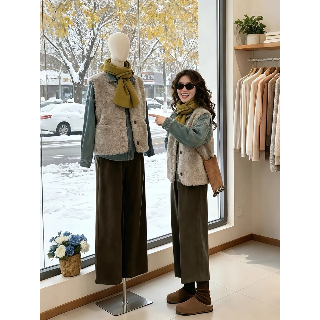 入冬搭配一整套韩系穿搭毛毛马甲外套叠穿牛仔衬衫九分裤三件套女