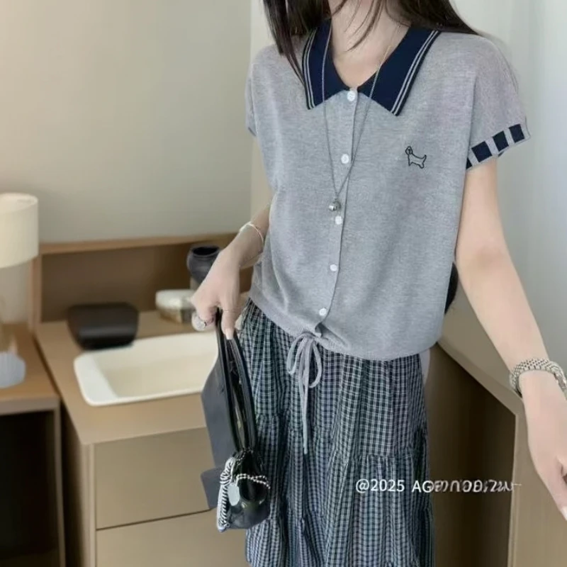 女装气质时尚套装夏季休闲风撞色简约通勤韩版通勤短款针织翻领