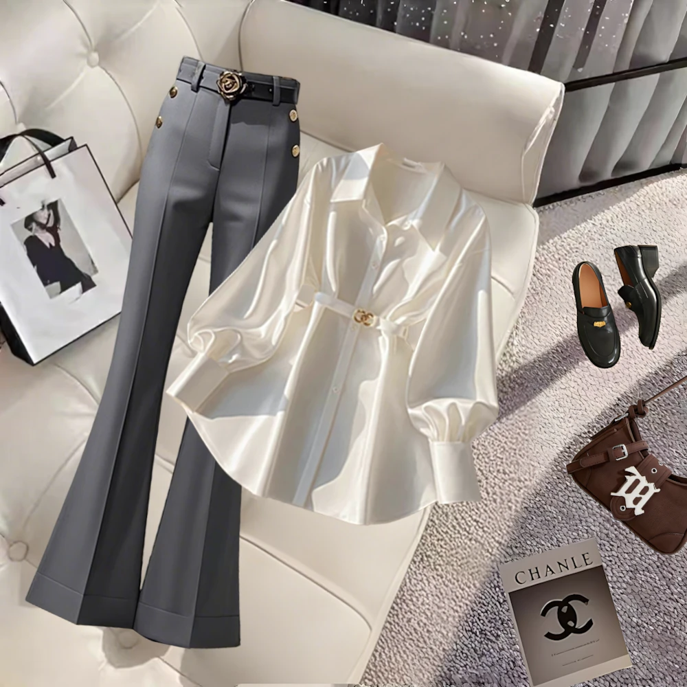 早春穿搭一整套女装高级感白色长袖衬衫女小个子灰色休闲裤两件套
