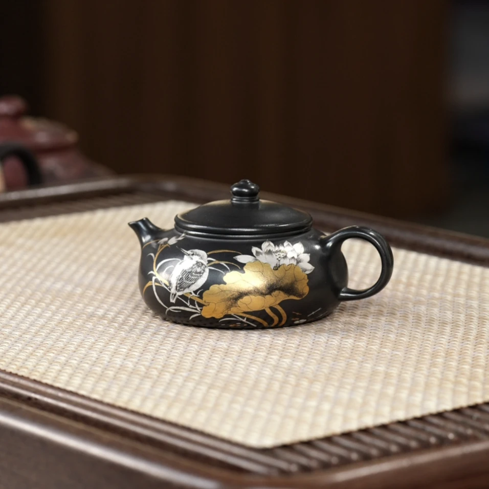 轻舟紫砂 石黄寒江壶200cc 手工错金银装饰