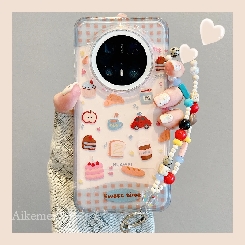 适用华为mate70pro+手机壳可爱格纹mate60pro+甜点面包插画链条女