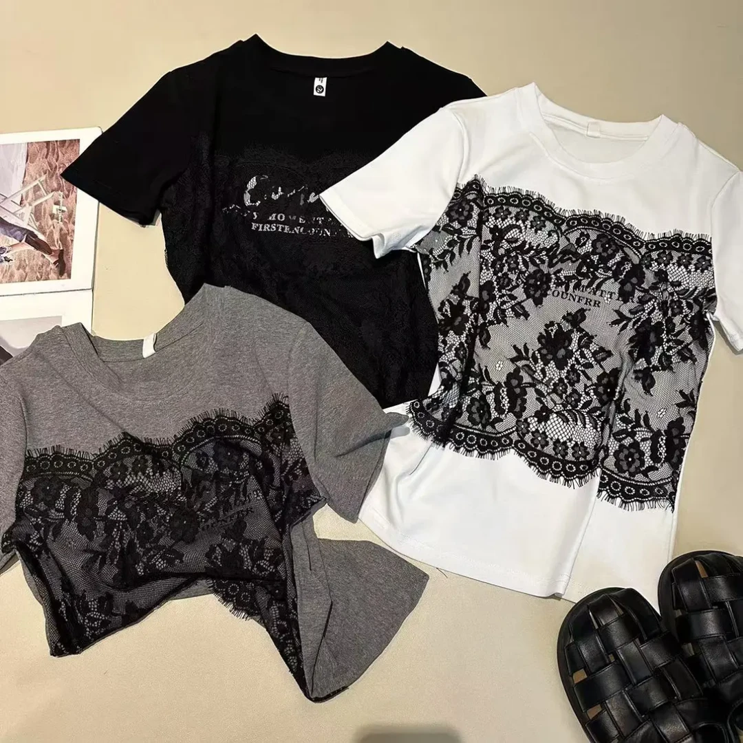 夏季新款拼接休闲风短袖蕾丝圆领T恤显瘦宽松气质印花百搭上衣女