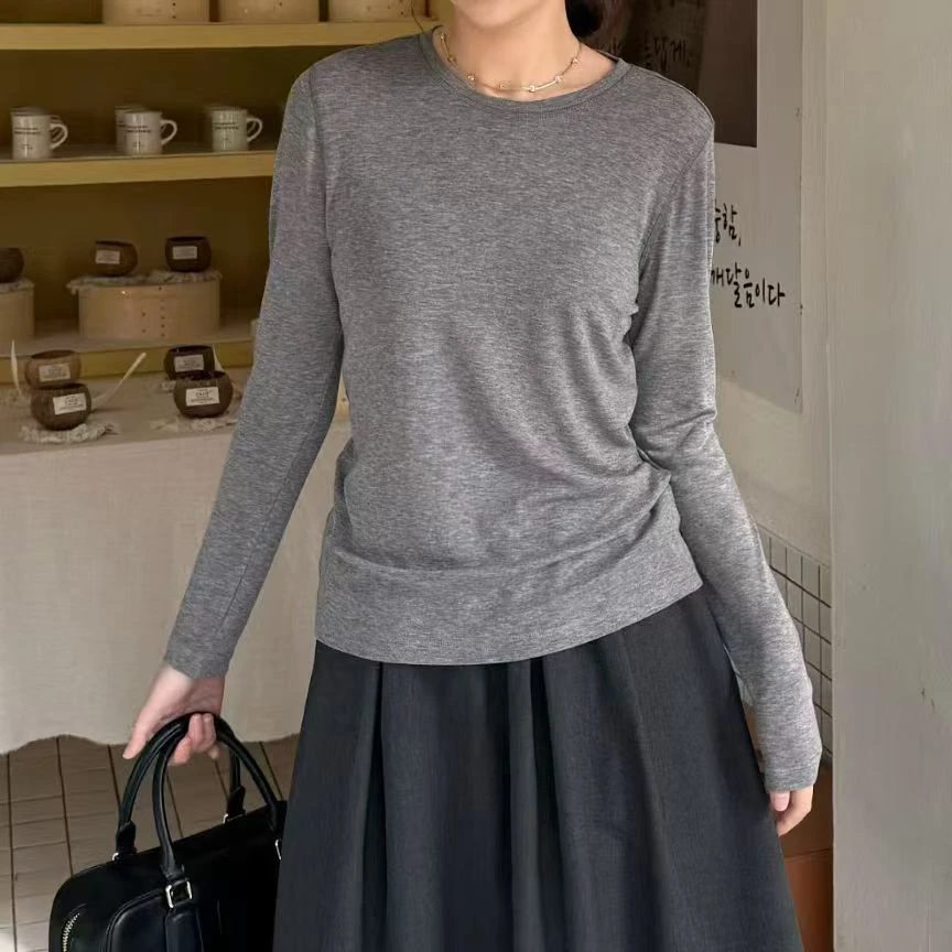短款长袖圆领百搭休闲针织恒温弹力长袖T恤韩版显瘦网红ins打底衫