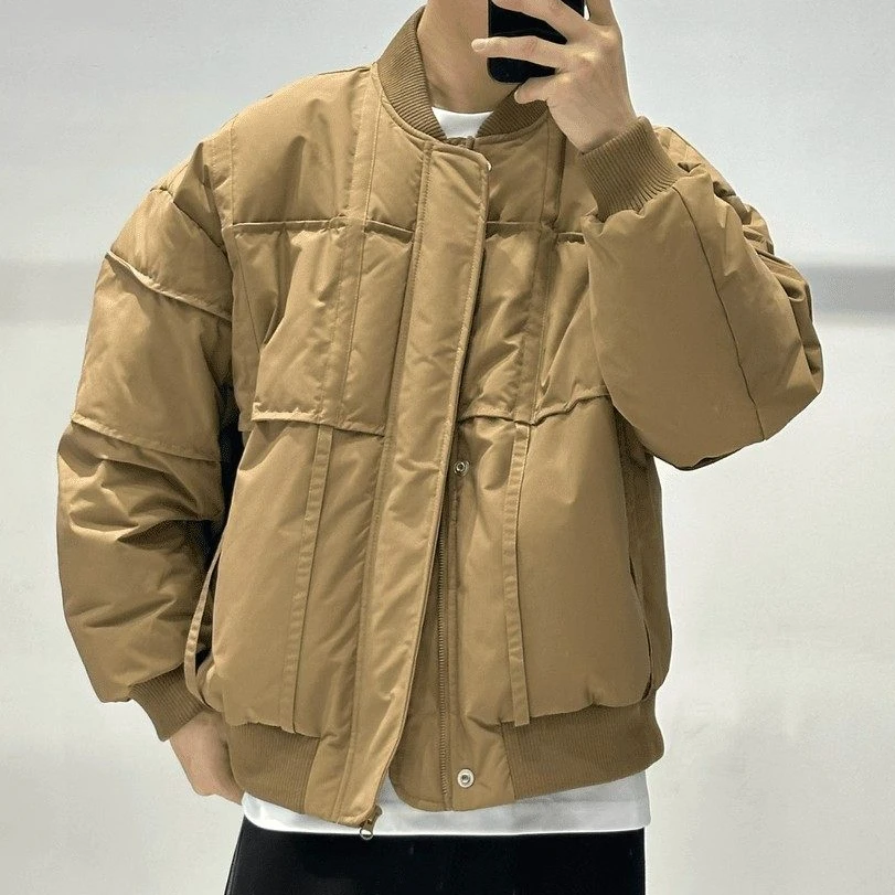 解构设计款卡其色棒球领短款棉服外套男款冬季高级感加厚保暖棉衣