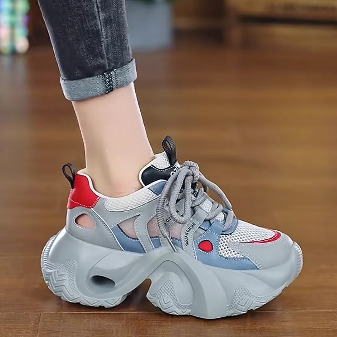网面透气休闲鞋2025夏季新款防滑舒适旅游鞋厚底增高老爹鞋女