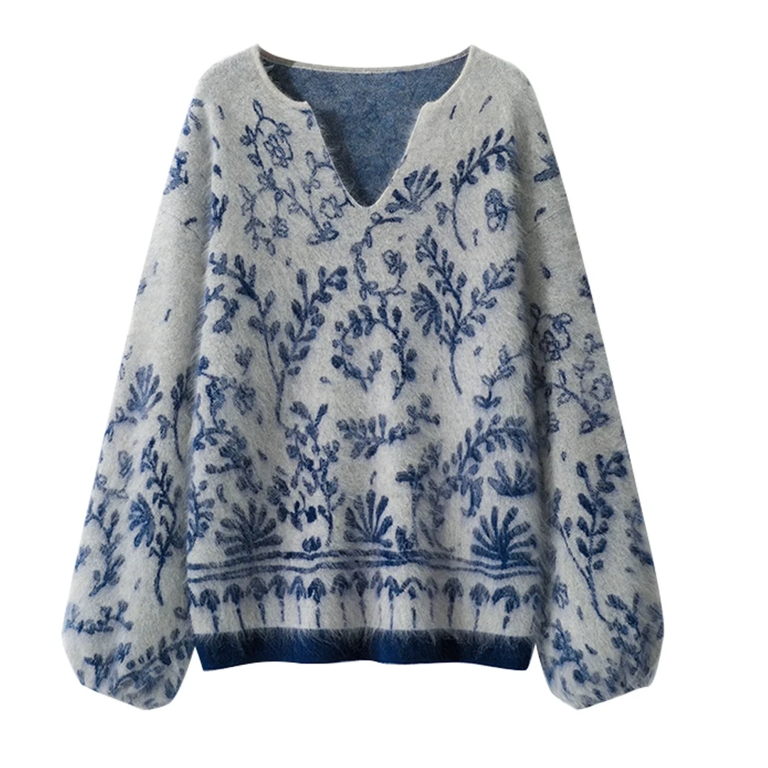 青花瓷羊绒衫~V领拉绒女士提花长袖针织衫宽松百搭蓝色潮牌时尚