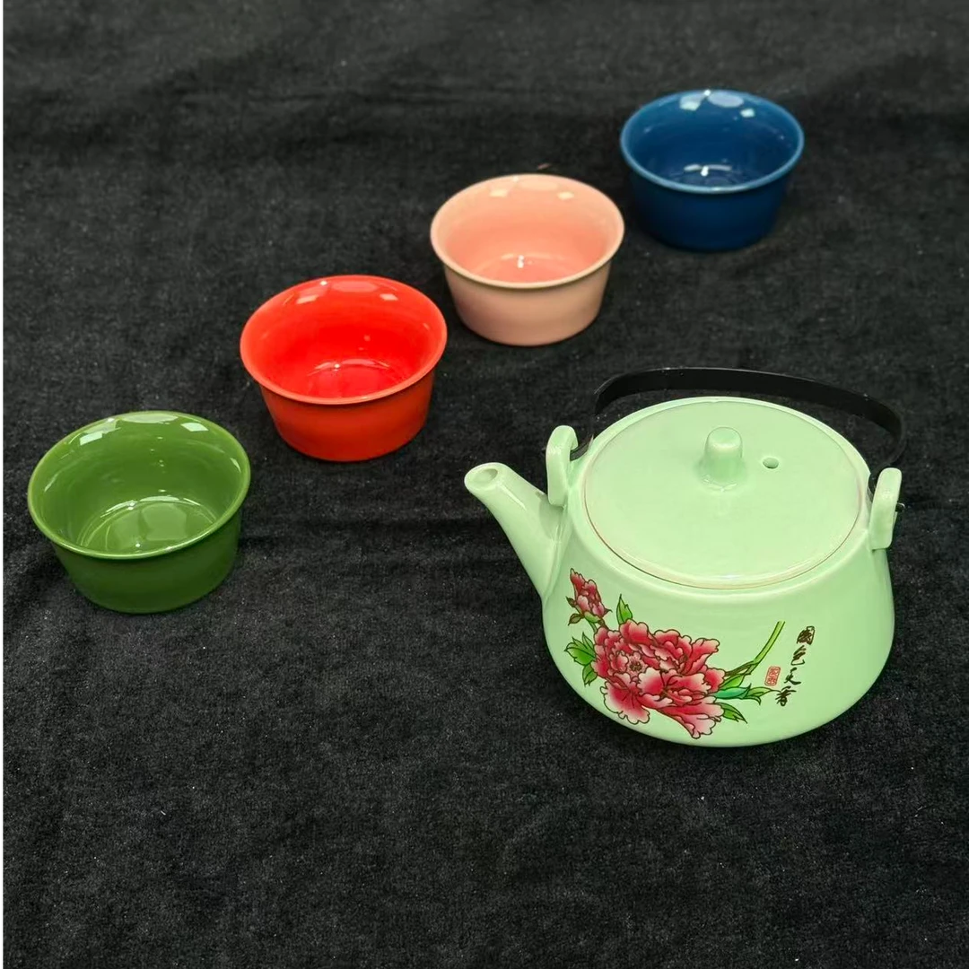 青绿色-国色天香-牡丹小提梁壶+四色杯（多样性发货）2789
