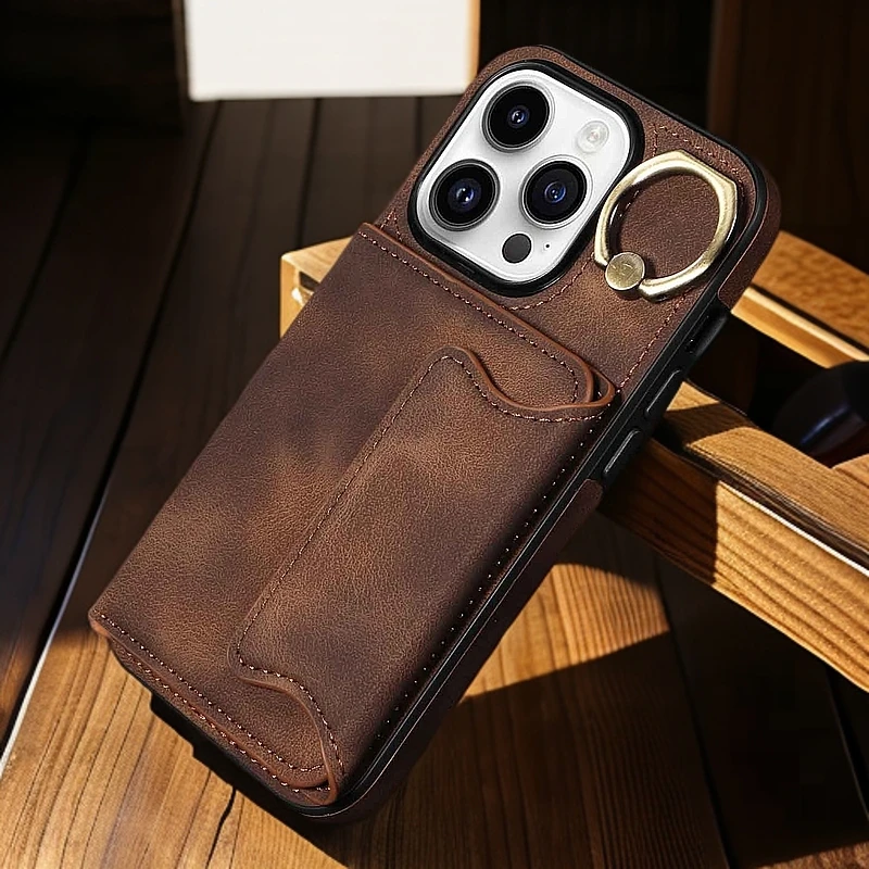 苹果16/15/14/13/12手机壳指环扣插卡式真皮适用iPhone15Pro皮套