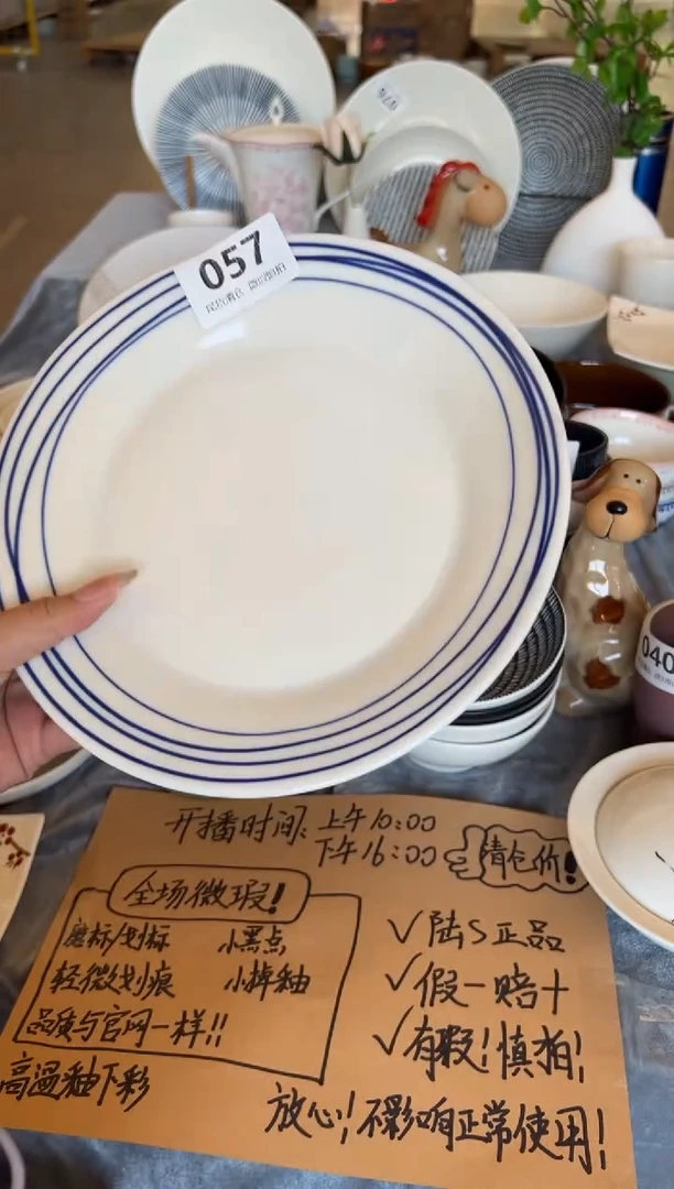 新骨瓷057瑕疵 暖白太平洋蓝线 9,5寸平盘 全标