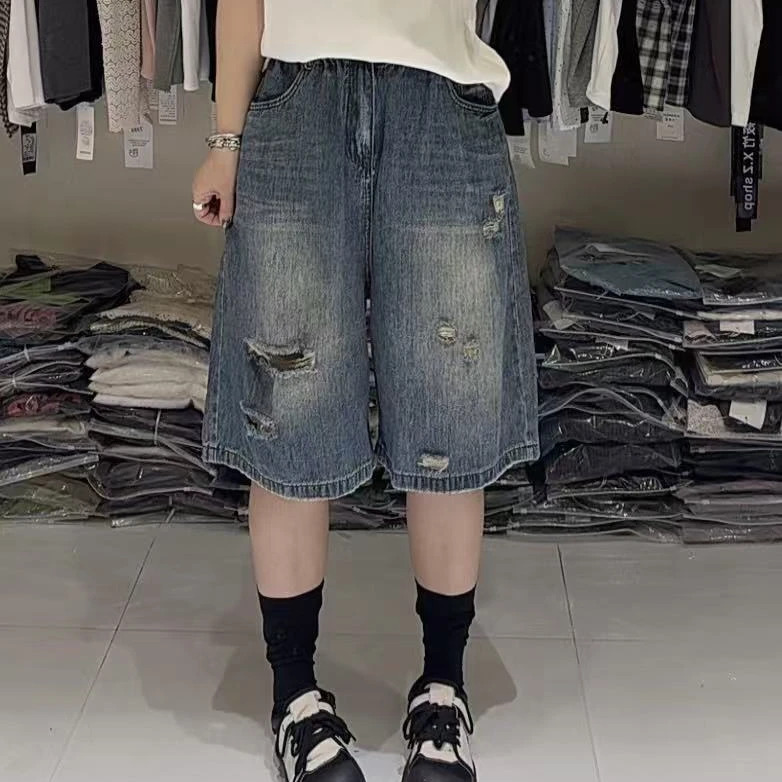 【破洞】百搭复古显瘦破洞软牛仔中裤70611