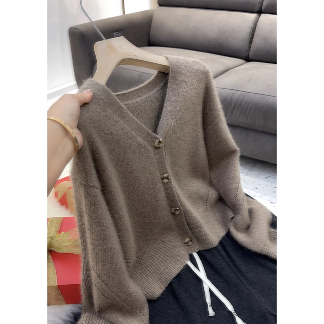 2318【V领镂空灯笼袖开衫】秋季新款女士韩版袖子镂空针织衫