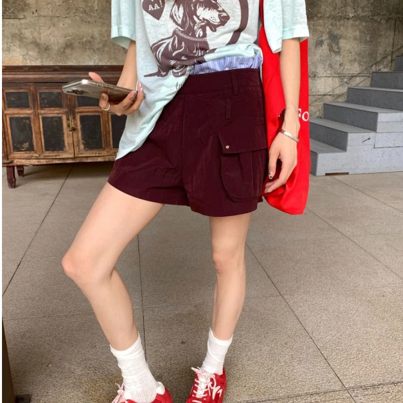 AndAnything 假两件腰头拼接工装暗红短裤