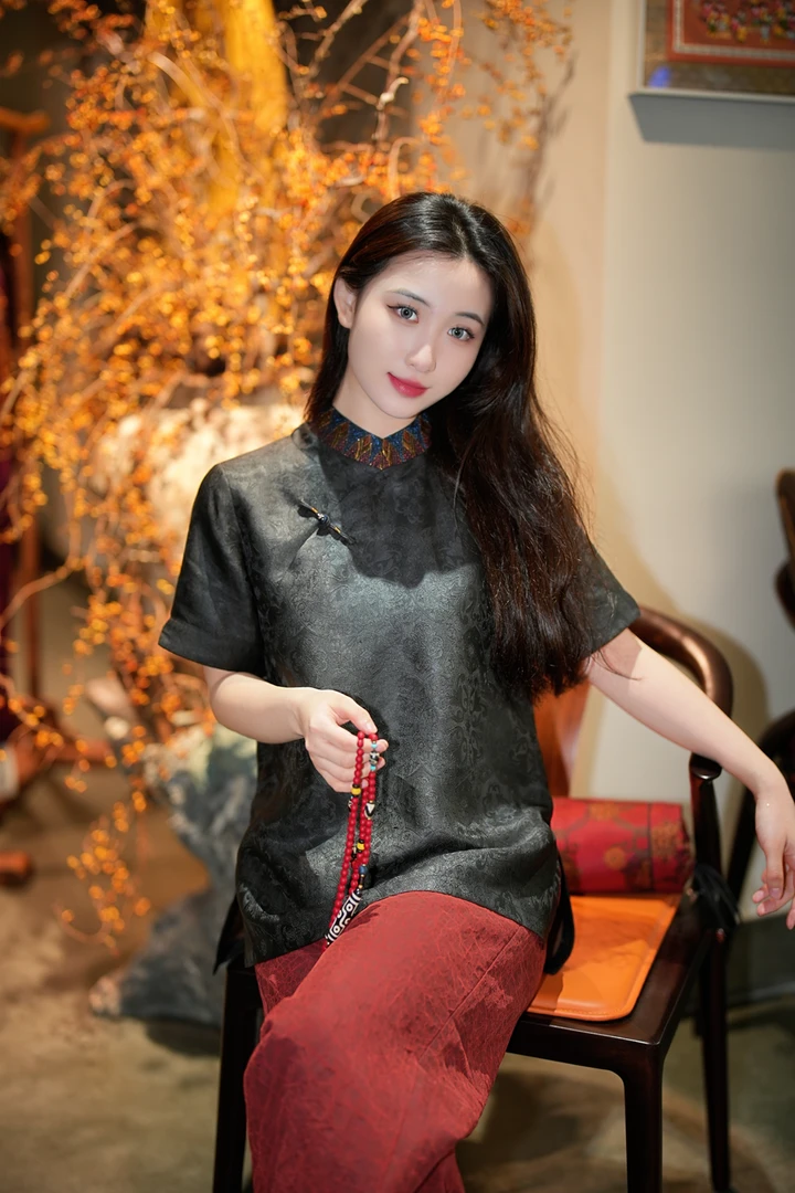 蓝大【鼓瑟】新中式桑蚕丝短袖7576