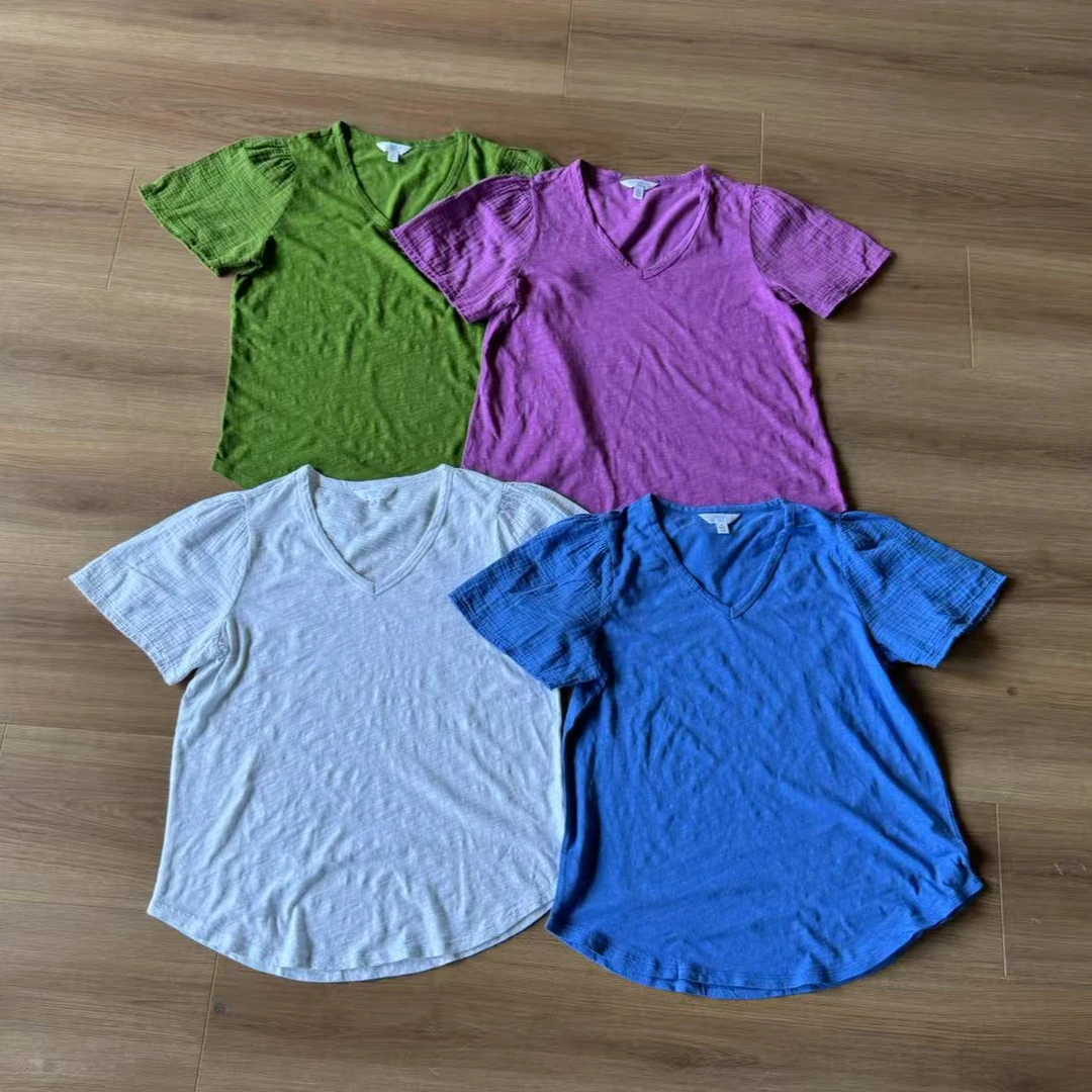 外贸纯棉V领小飞袖竹节棉短袖t恤