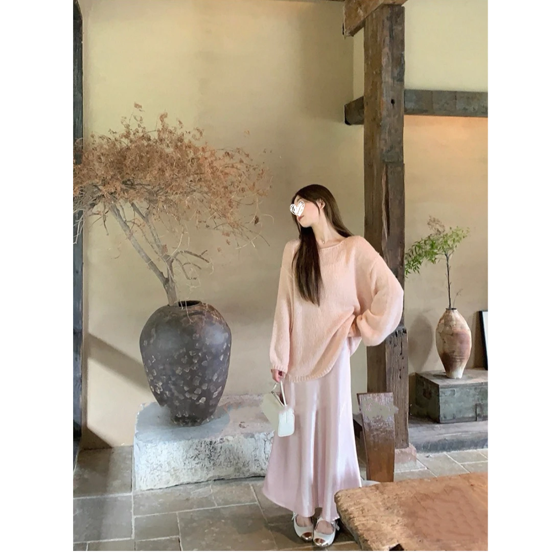 秋季新款温柔慵懒风针织衫+气质流光缎面半身裙两件套装D726