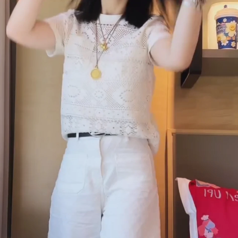 欧若风拼接口袋花朵镂空蕾丝短袖T恤女2025春夏新款白色圆领上衣