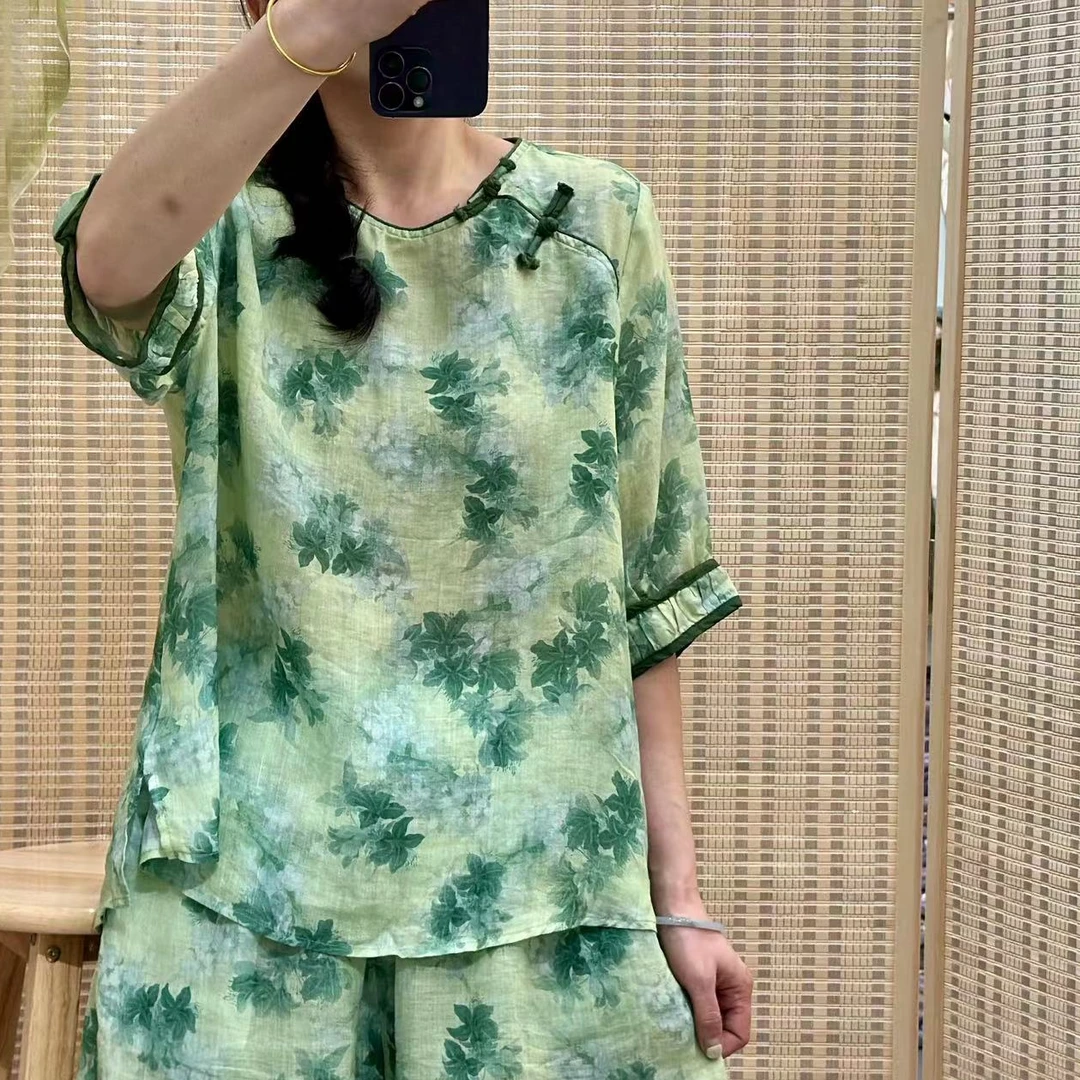 新中式宽松苎麻小衫百搭圆领碎花短袖上衣608-3肩40胸120长60-65