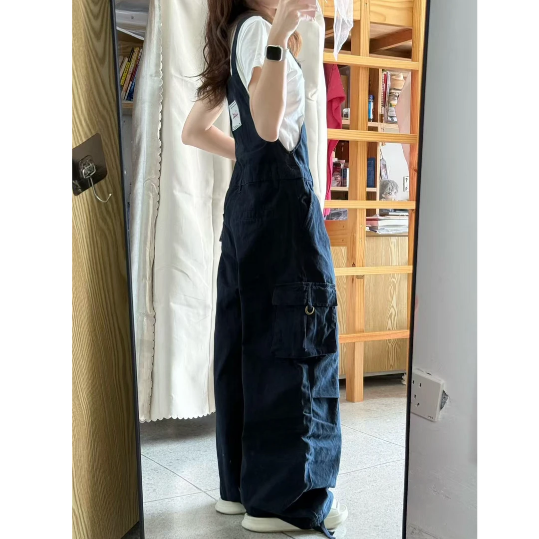 大码美式复古工装背带裤女潮牌宽松显瘦阔腿拖地连体长裤潮两件套