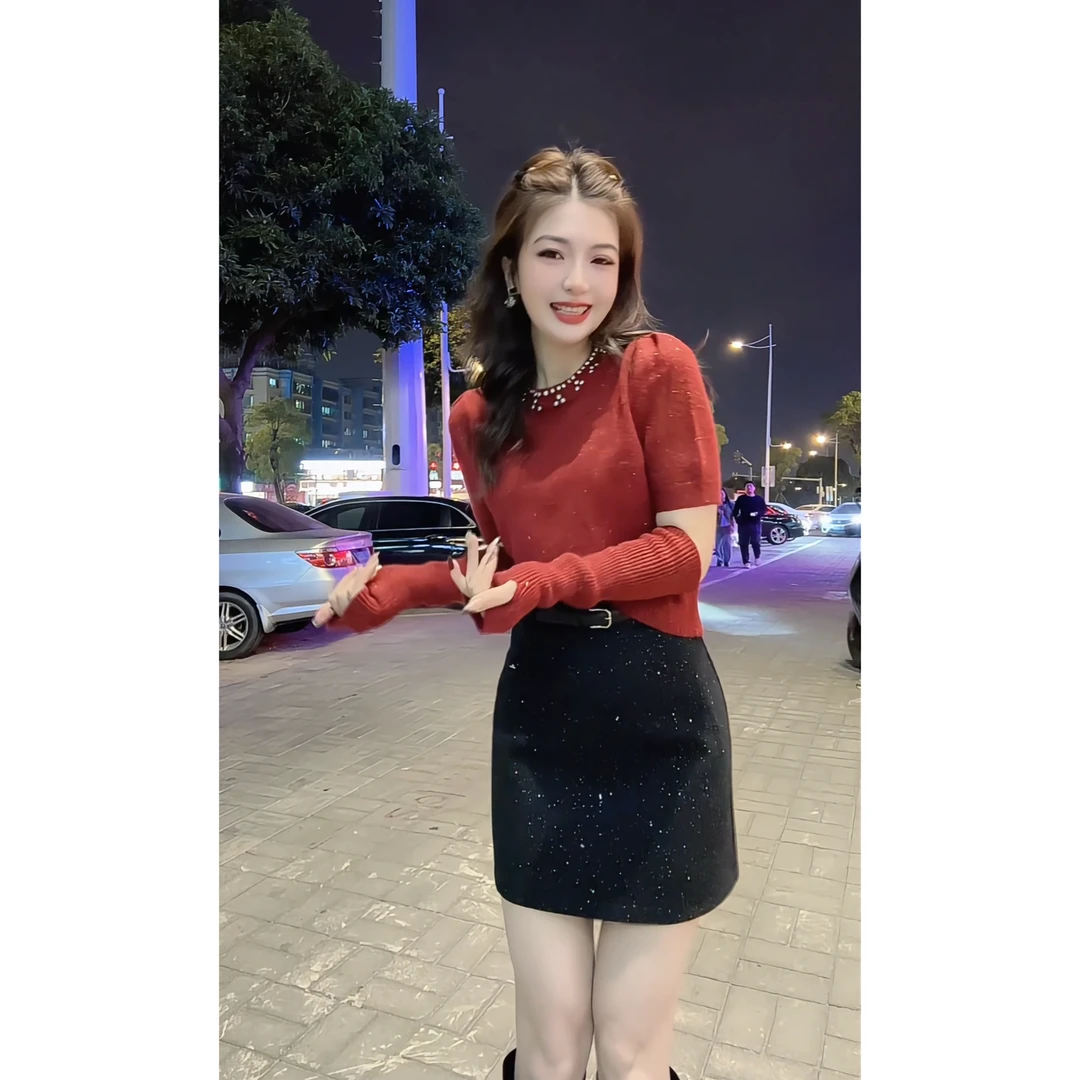 涵儿家 法式温柔风领口钉珠上衣（带袖套）VS百搭高腰闪片毛呢A字裙