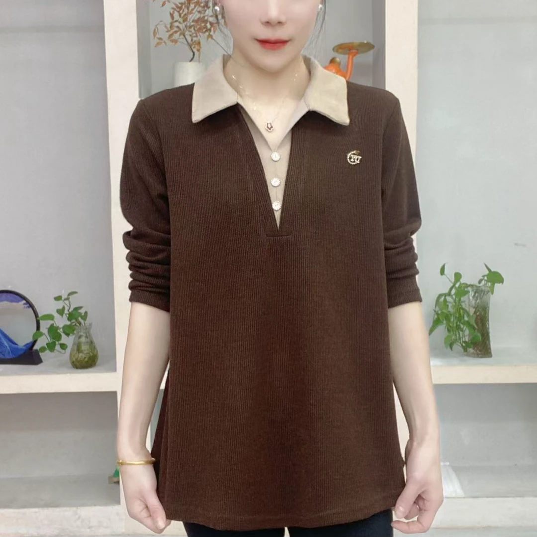 2025秋时尚拼接翻领假两件长袖打底衫宽松显瘦百搭中长款上衣159