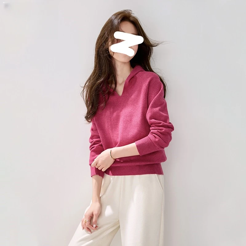 2025秋冬新款V领连帽毛衣纯色针织打底帽衫女