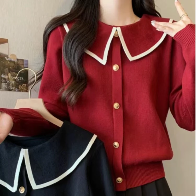 24款秋冬新百搭红色拼色娃娃领单排扣长袖针织衫毛衣开衫