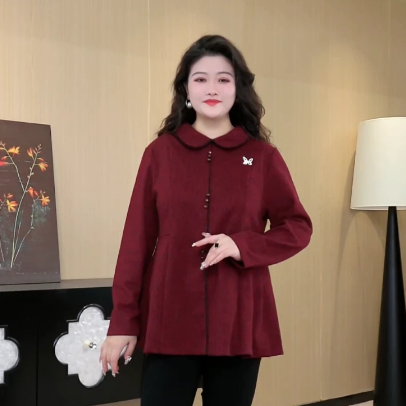 胖晶晶定制大码女装2025新款显瘦新款洋气百搭红色长袖上衣241011