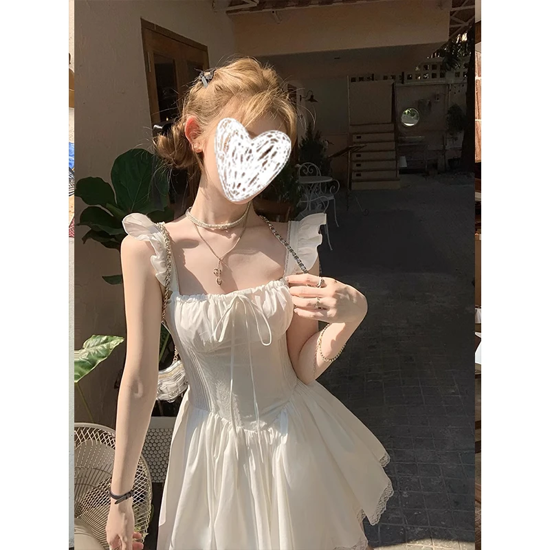 芭蕾系house 2025夏季小飞袖可爱鱼骨蕾丝系带收腰蓬蓬连衣裙子女