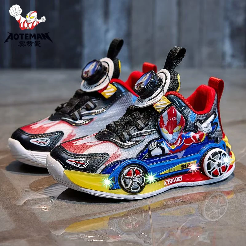 奥特曼男童运动鞋发光鞋春秋季网面旋转扣汽车儿童鞋幼儿园中大童