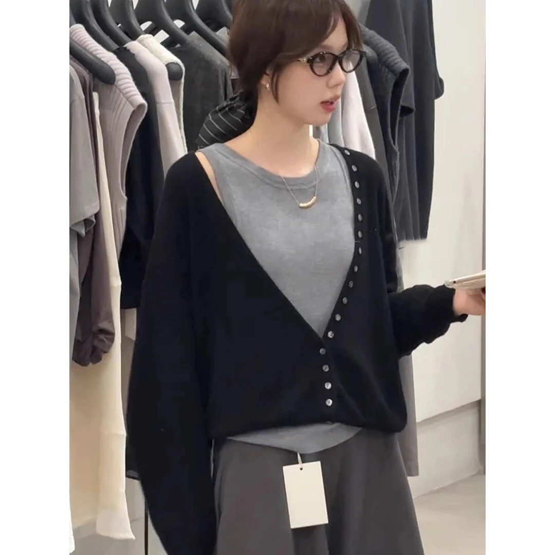韩版百搭显瘦背心v领针织开衫两件套女早秋季设计感撞色宽松毛衣