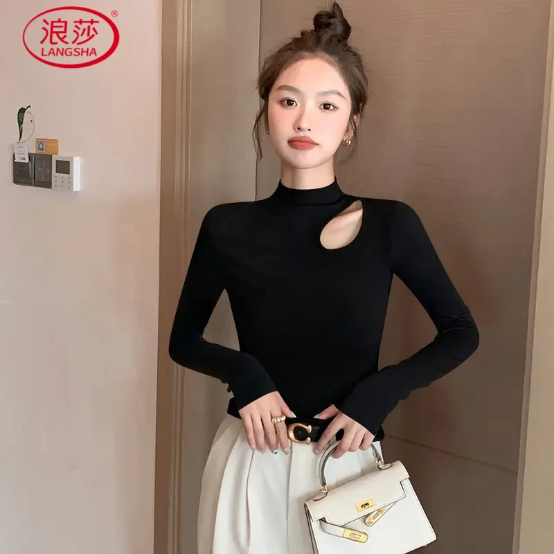浪莎 半高领打底衫女夏季高级感螺纹短袖T恤2025新款左肩镂空