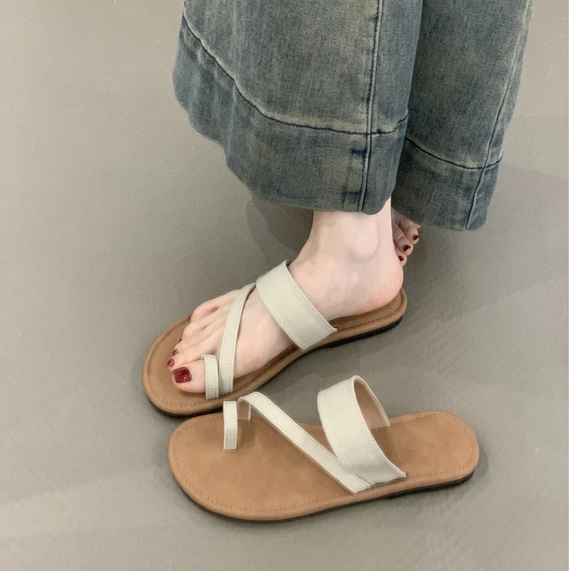 WL-033-62套趾罗马凉鞋2025夏季风亚麻夹趾度假沙滩平底凉拖鞋女