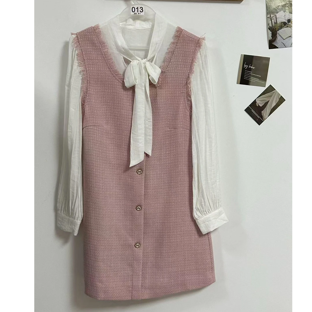 粉色小香风连衣裙女秋冬2025春季新款时尚两件套显瘦裙子【长约80】