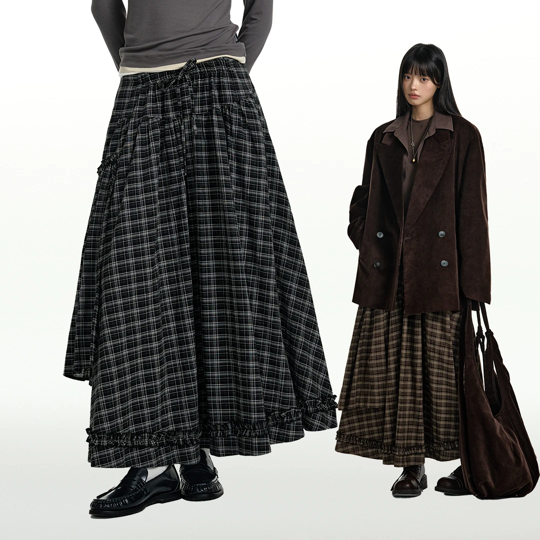 TGNS下摆抽褶不规则半身裙秋季小众设计感长裙子复古高腰格纹半裙