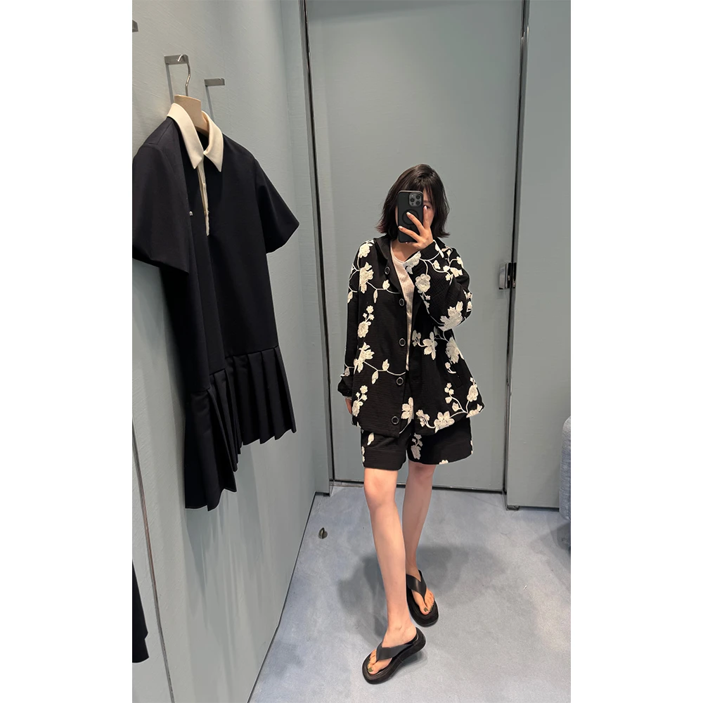 LA CALLA黑花重工小众设计时尚百搭黑色上衣+短裤套装OY51-2023