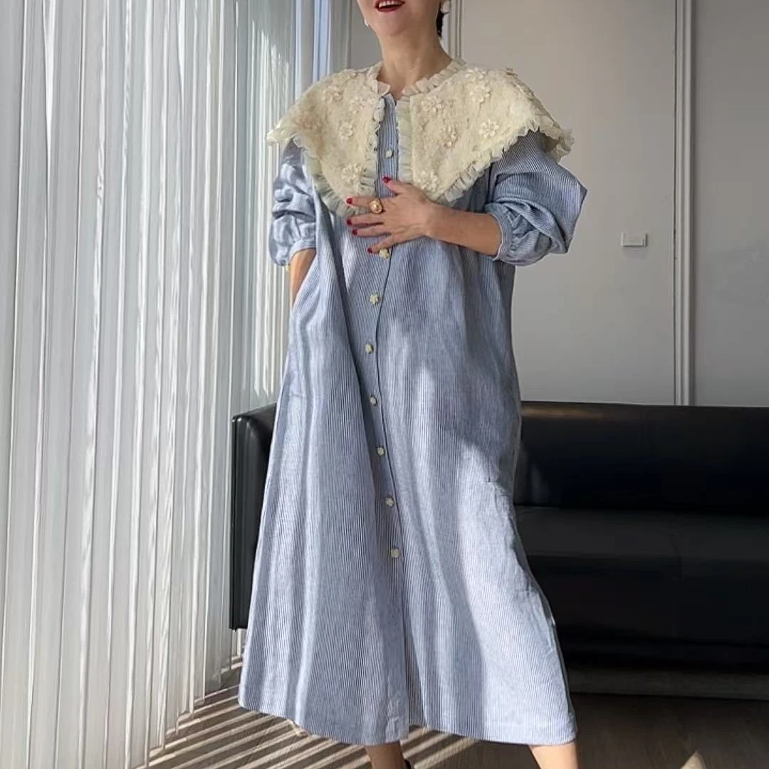 设计感法式蓝色时尚复古蕾丝显瘦条纹连衣裙2652