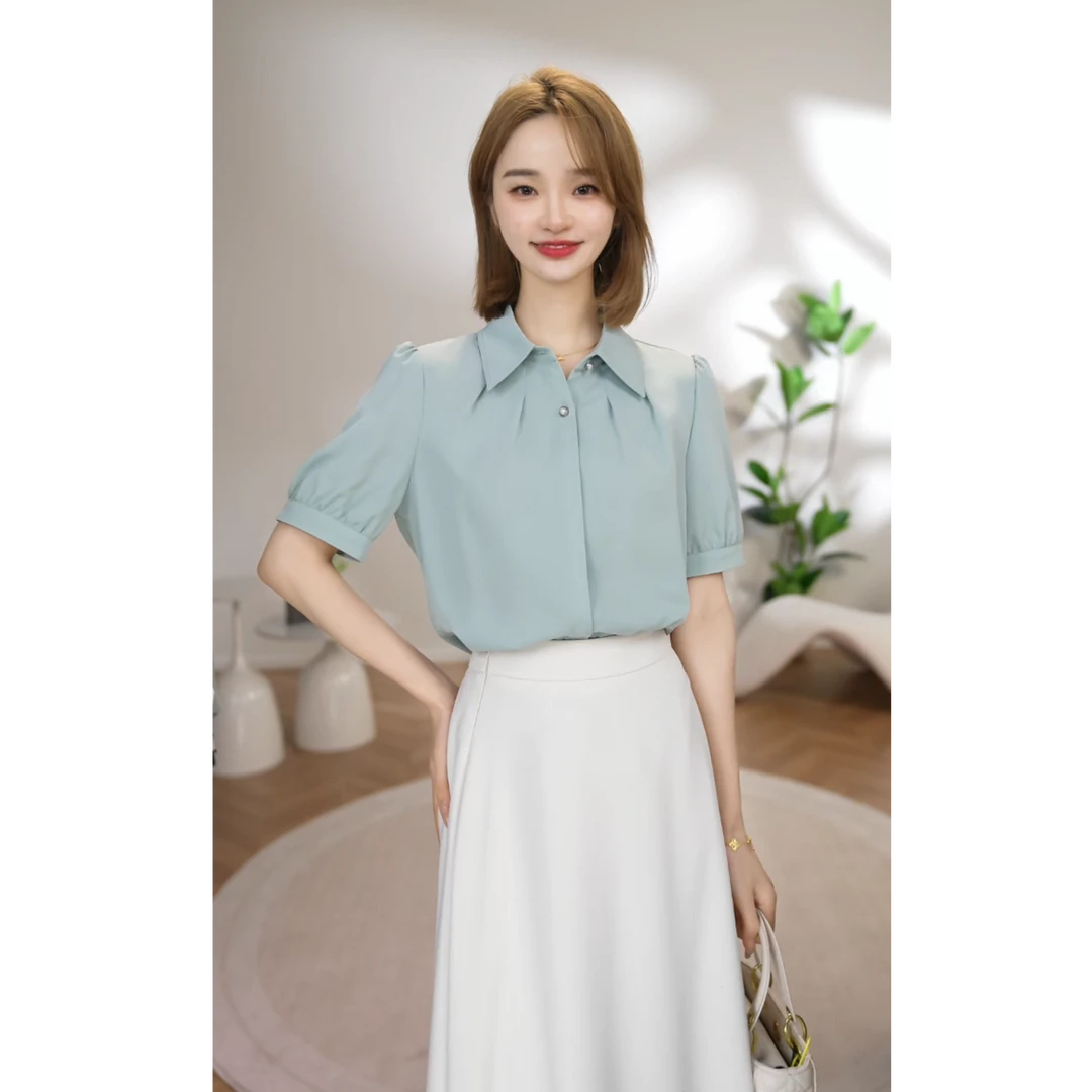 【曼贝】一秒入夏短袖衬衫女夏季简约纯色高级感上衣8592458【佳莹】