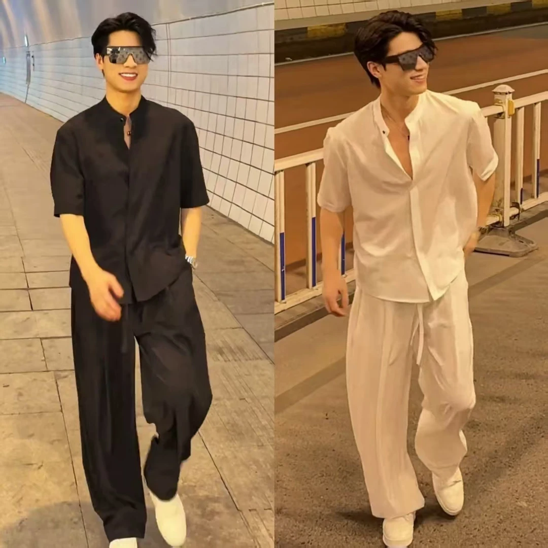 【百象服饰】立领轻薄透气夏季凉感速干百搭短袖衬衫长裤休闲套装男