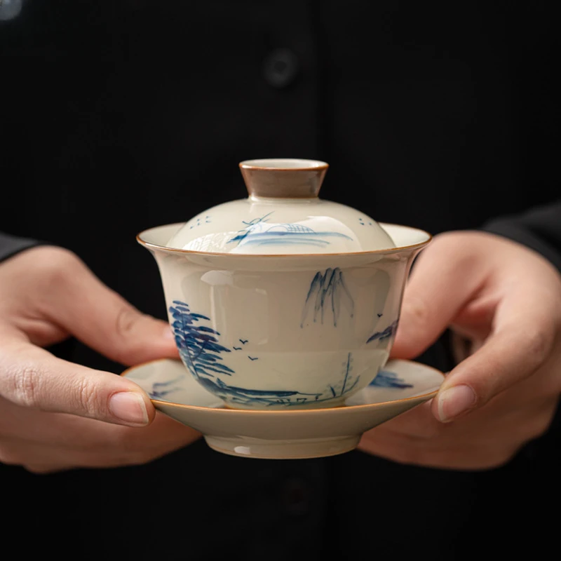 挚礼记草木灰山水三才盖碗三件套白瓷泡茶碗陶瓷功夫茶具敬茶碗