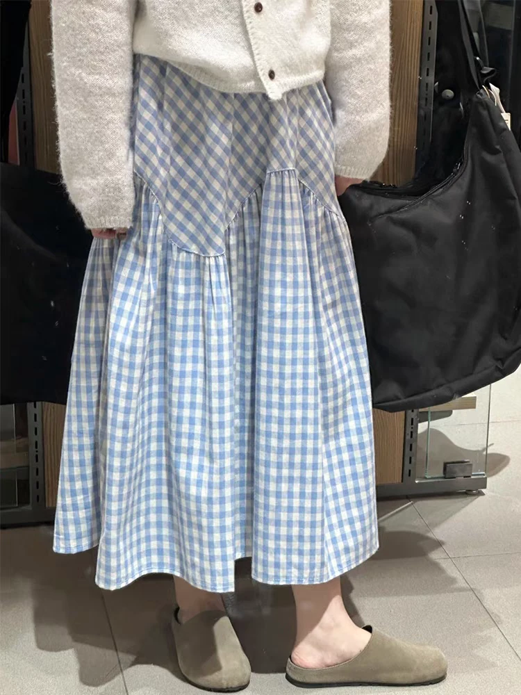 复古baby蓝色格子拼接a字半身裙女春夏新款高腰显瘦中长大摆伞裙
