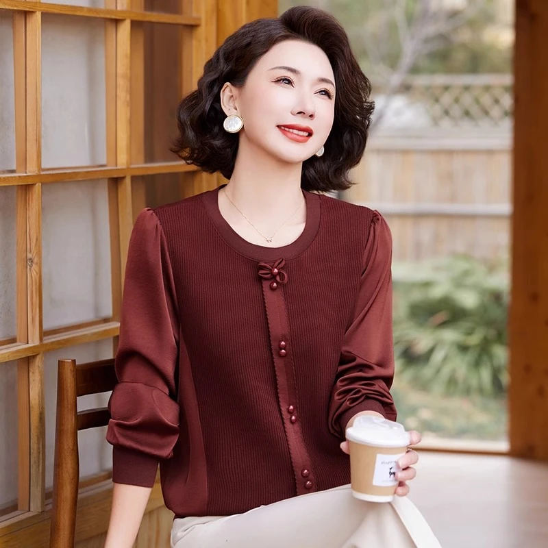 妈妈小衫春秋时尚洋气长袖T恤2025新款中老年女春装针织打底上衣